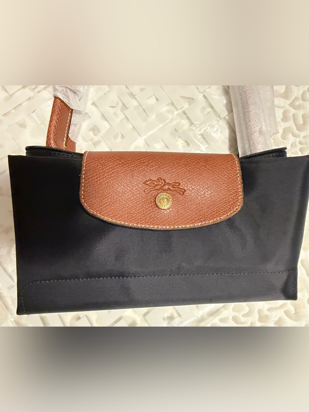 Longchamp Nylon Black Tote with Brown Leather Trim - Black/Brown - Picture 4 of 11